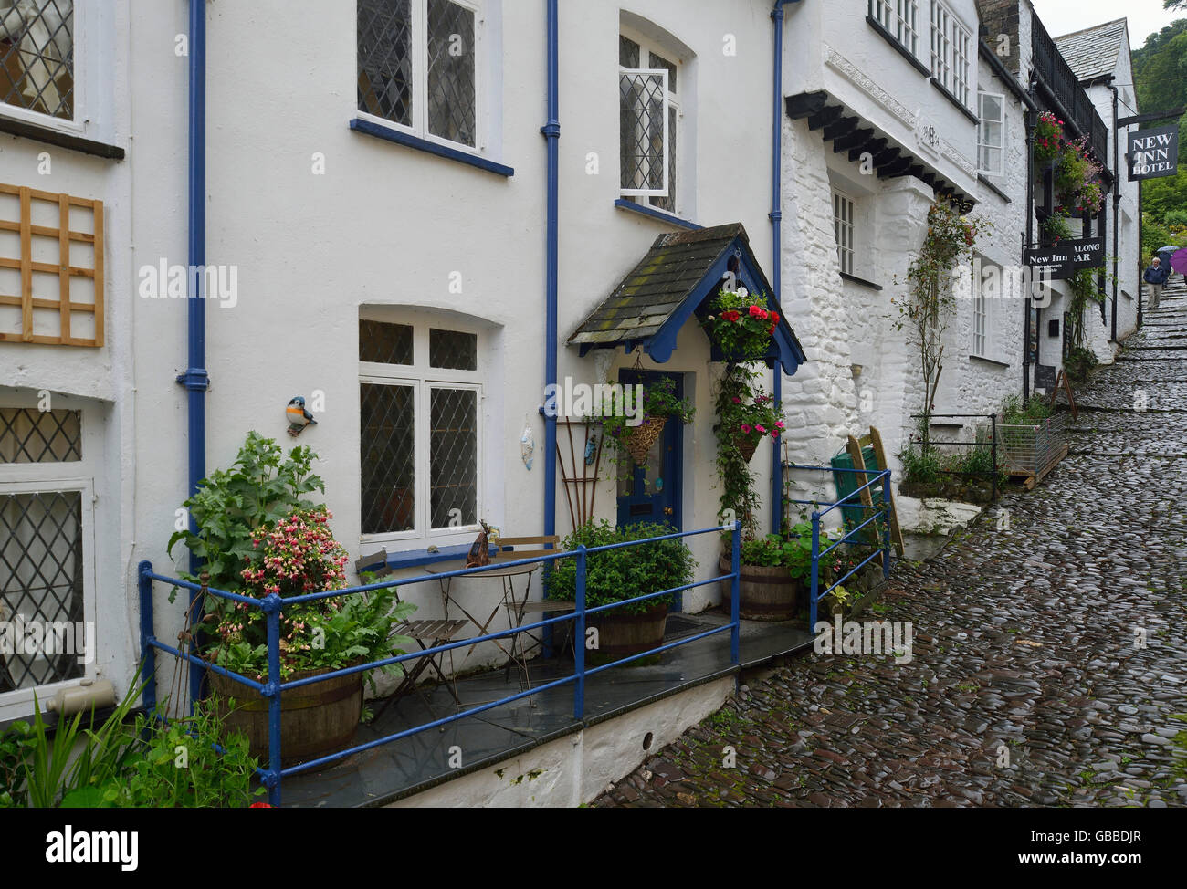 Ferienhäuser & New Inn, Clovelly High Street, North Devon Stockfoto