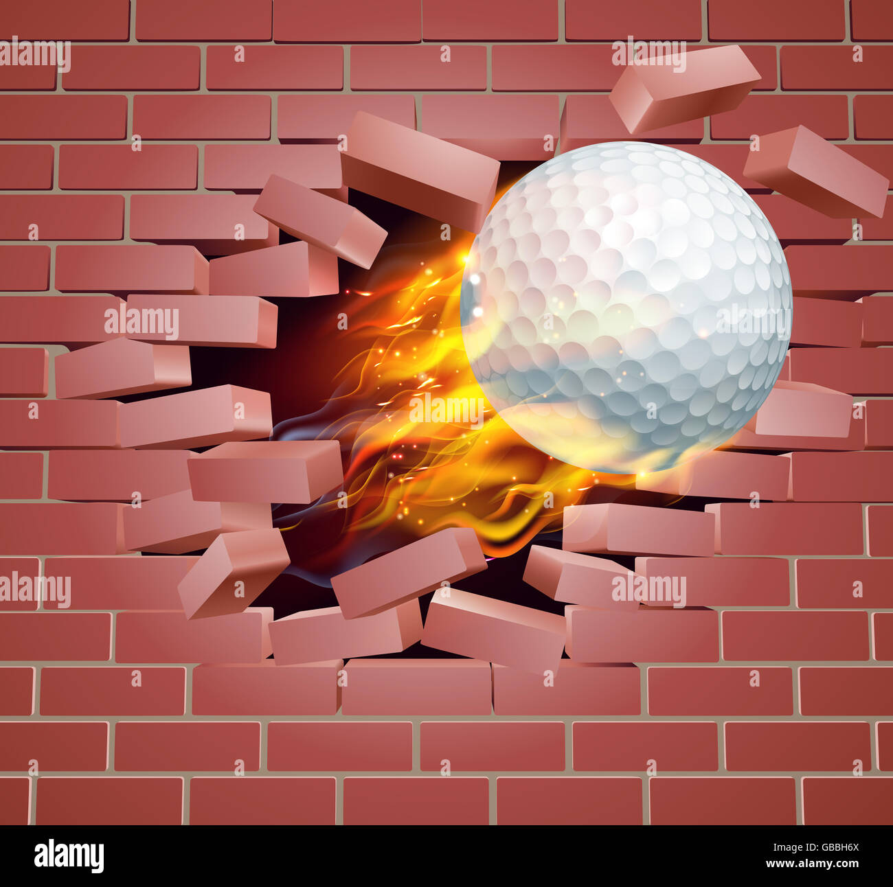 Eine Abbildung eines brennenden flammenden Golfballs auf Feuer reißen ein Loch durch die Wand Stockfoto