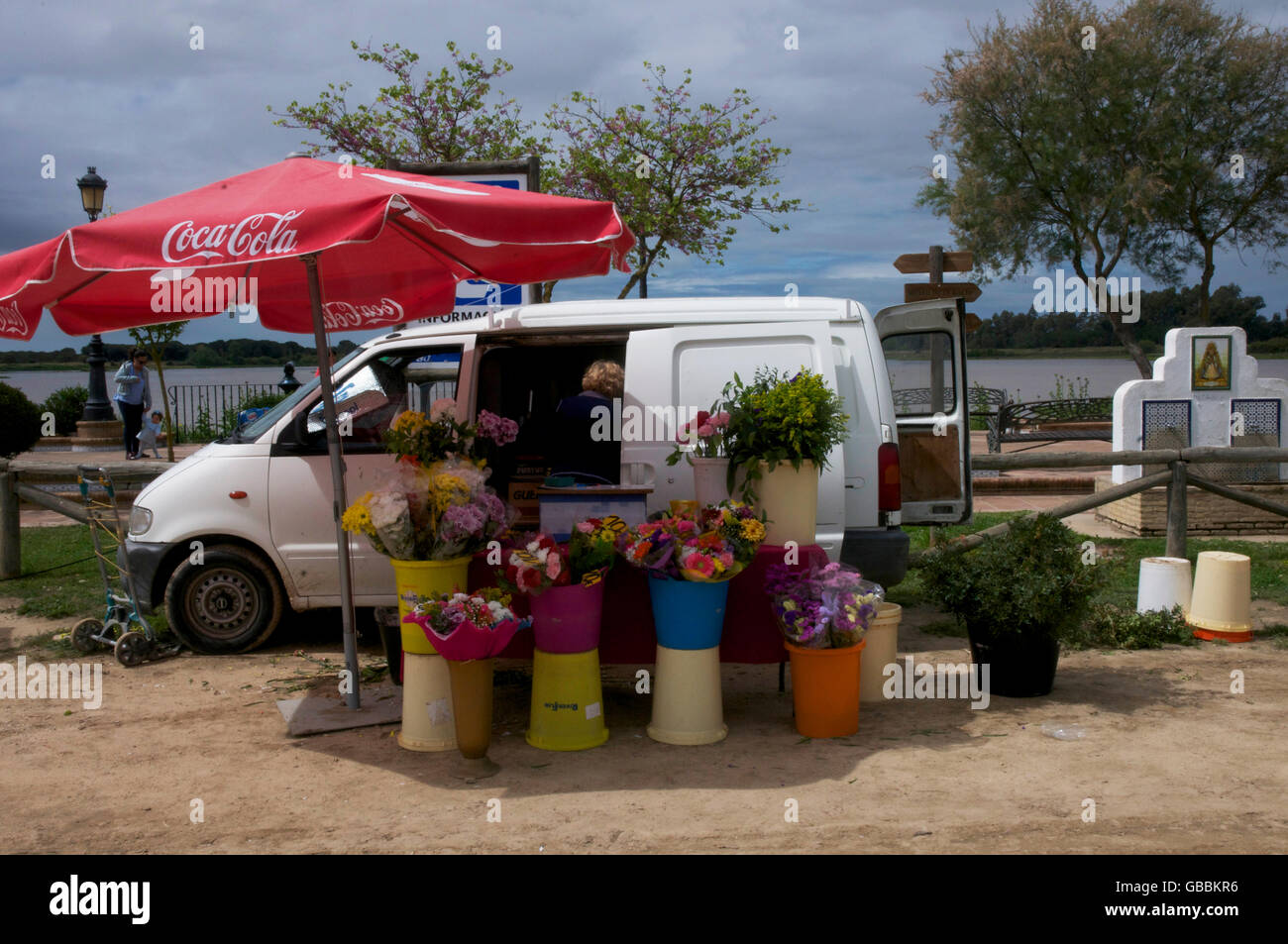 viele Blumen zum Verkauf vor weißen Lieferwagen. Stockfoto