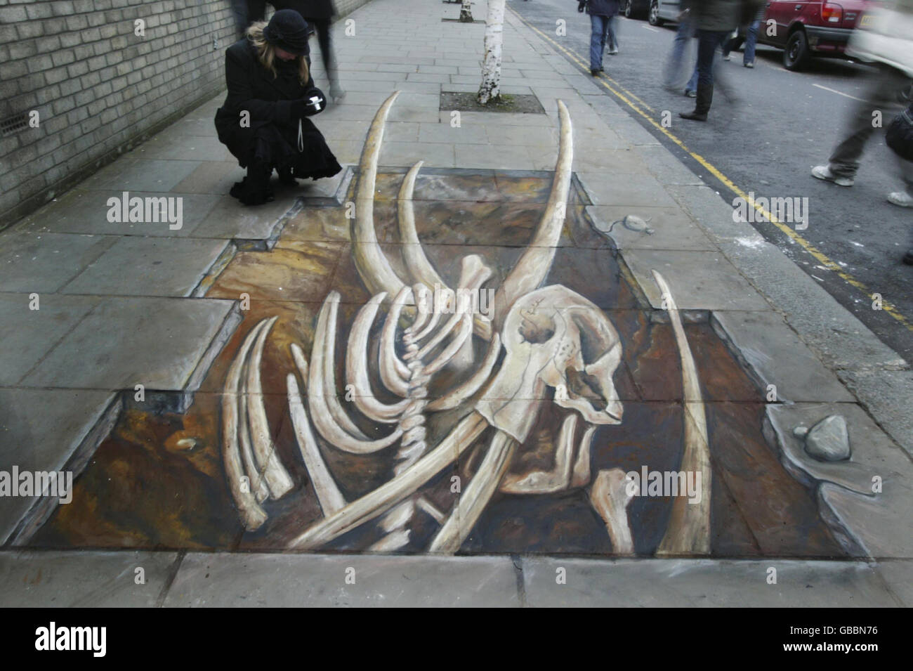 Ein Mitglied der Öffentlichkeit fotografiert eine 3D-Kreidezeichnung, die einen Elefantenfriedhof auf der Portobello Road in London zeigt, organisiert vom Internationalen Tierschutzfonds (IFAW), um Käufer dazu zu drängen, keine Elfenbeintrinkets zu kaufen. Stockfoto