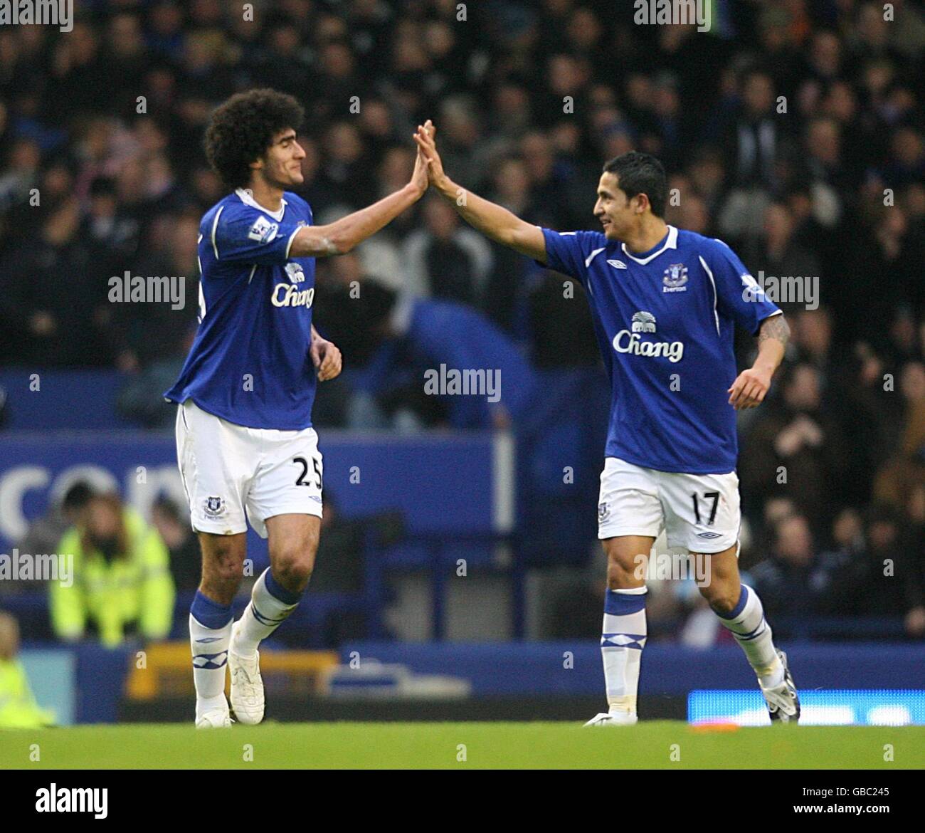 Fußball - Barclays Premier League - Everton gegen Hull City - Goodison Park. Evertons Marouane Fellaini feiert mit seinem Teamkollegen Tim Cahill das erste Tor des Spiels (rechts) Stockfoto