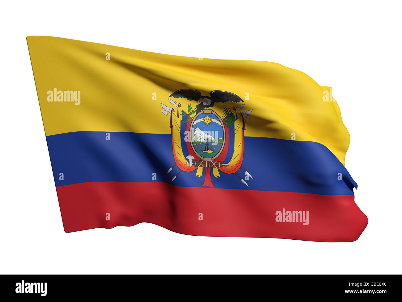 3D Rendering der Republik Ecuador Fahnenschwingen auf weißem Hintergrund Stockfoto