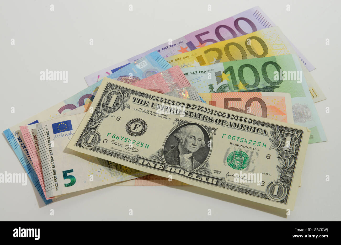 Dollar und Euro-Noten Stockfoto