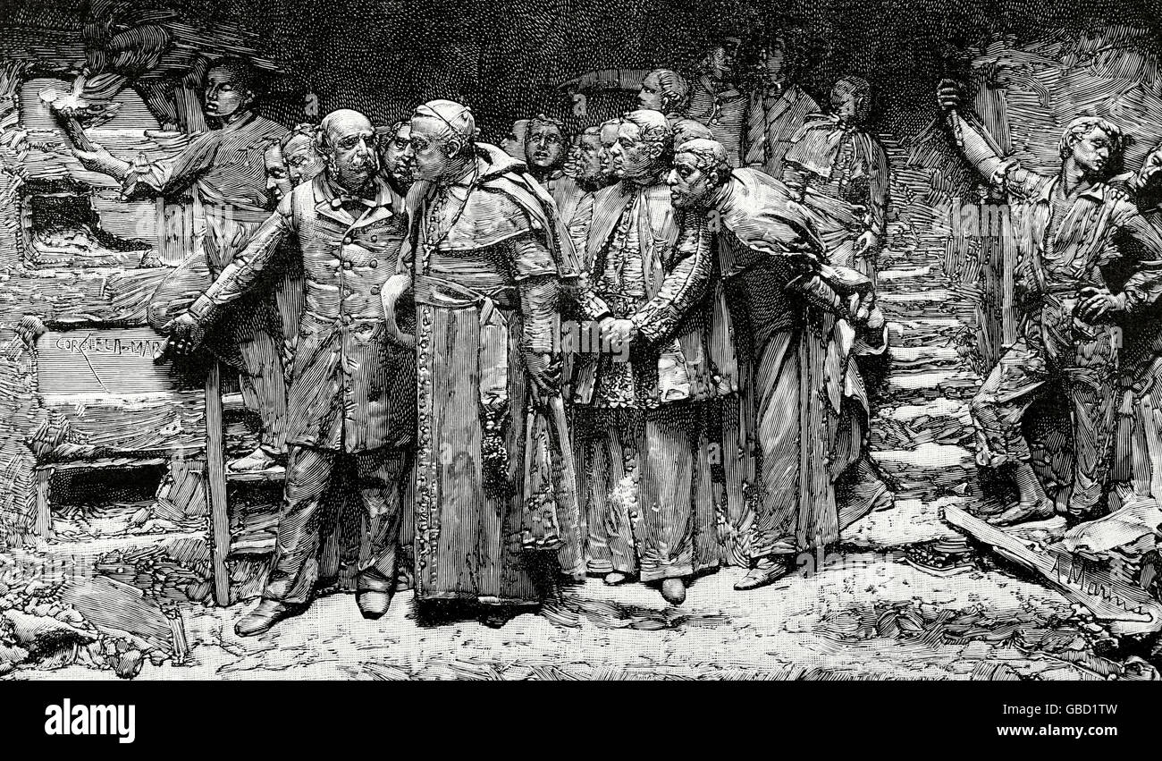 Pius IX. (1792-1878). Papst der katholischen Kirche. Erster Besuch von Pius IX in den Kallixtus-Katakomben. Kupferstich nach Basrelief von Aniceto Marinas (1866-1953). Die spanischen und amerikanischen Illustration, 1903. Stockfoto