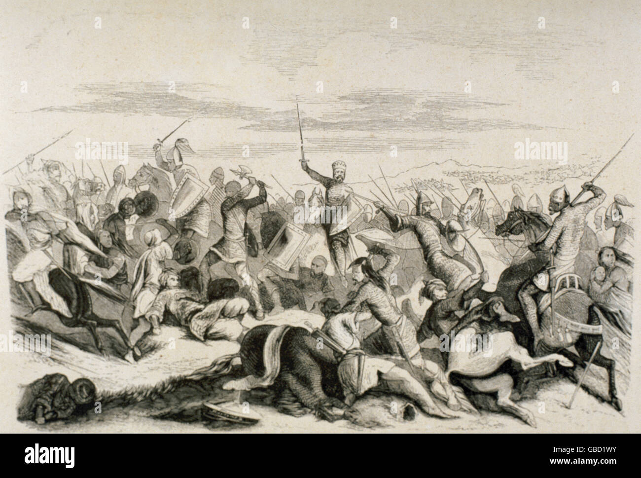 Hinterhalt von Alhandega (August, 939). Nach der Schlacht von Simancas durchgeführt durch den König von Leon Ramiro II (ca.900-951) gegen die muslimische Armee von Emir und Kalifen von Córdoba Abd-Ar-Rahman III (889-961). Kupferstich, 19. Jahrhundert. Stockfoto
