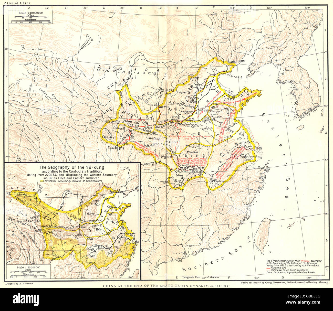 CHINA: Ende der Shang oder Yin-Dynastie, c1110 BC; Inset Yü-Kung 2200 v. Chr. 1935 Karte Stockfoto CHINA: Ende der Shang oder Yin-Dynastie, c1110 BC; Inset Yü-Kung 2200 v. Chr. 1935 Karte Stockfoto