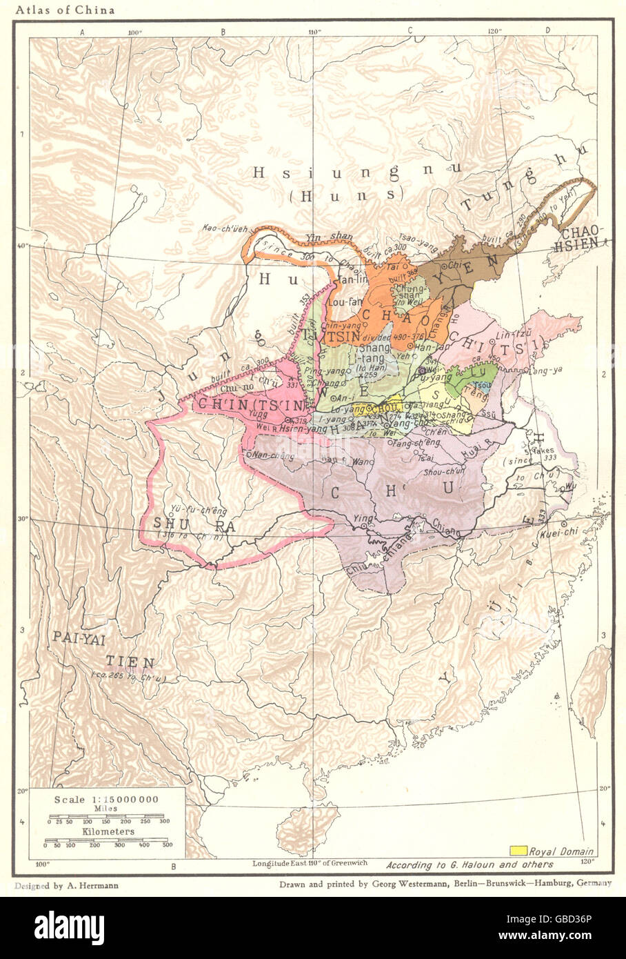 CHINA: Die Ringen Staaten Grenzen von 350 v. Chr., Jahrgang 1935 Karte Stockfoto