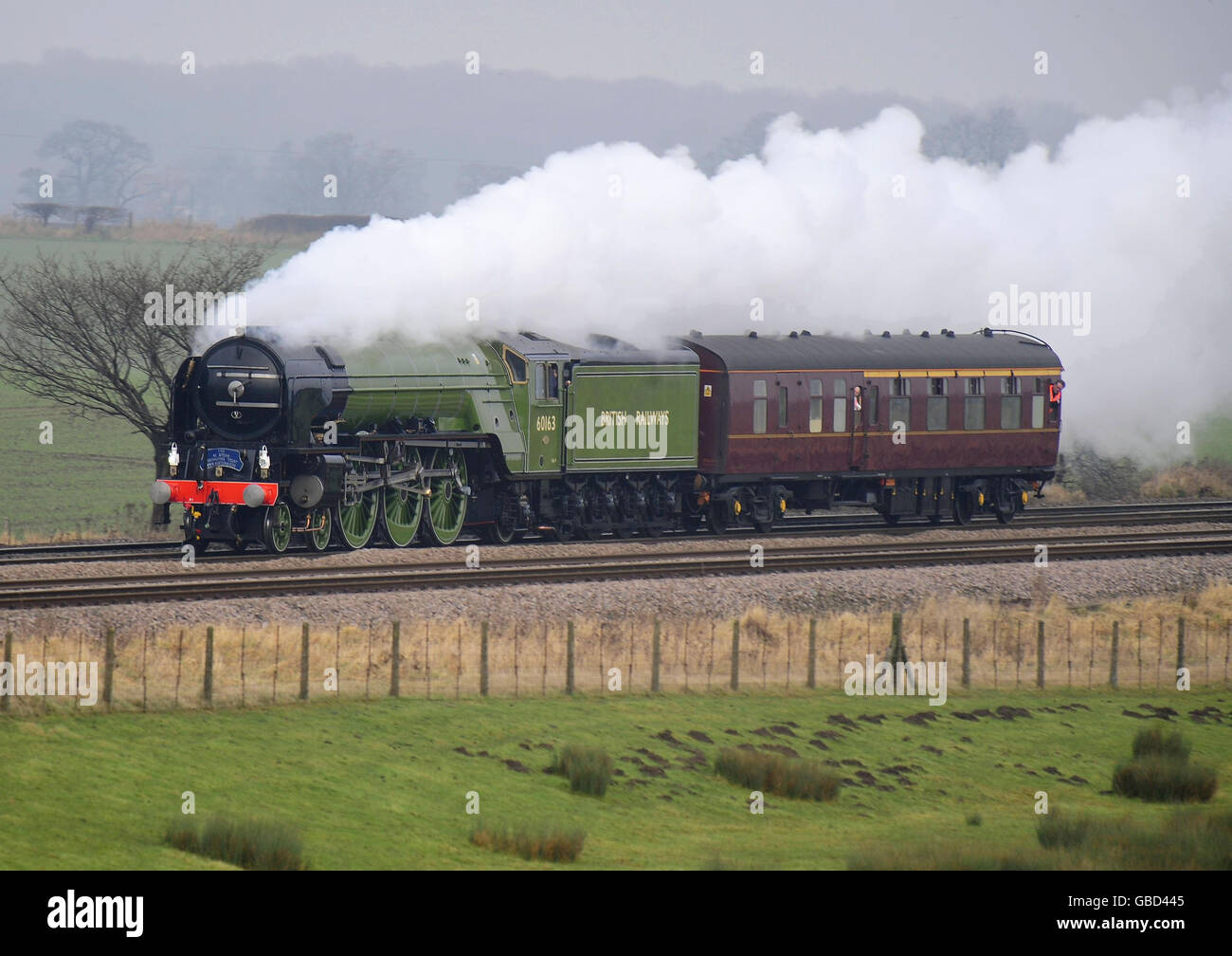 Tornado Dampflokomotive bereit, in Betrieb zu gehen. Die Tornado Dampflokomotive ist die erste seit 50 Jahren neu gebaute Dampflokomotive auf einer Testfahrt zwischen York und Leeds. Stockfoto