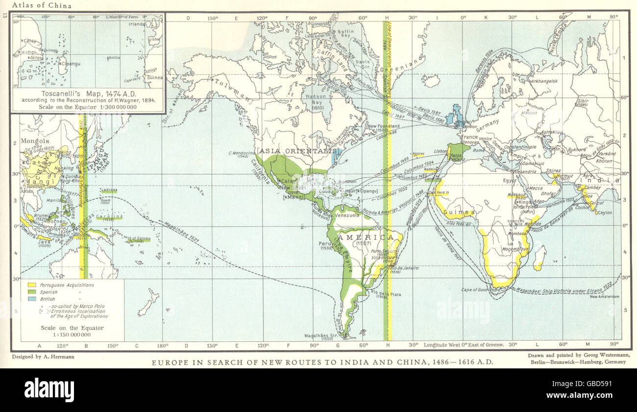 : Europäische Handelswege nach Indien & China 1486-1616; Toscanelli Karte 1474, 1935 Stockfoto