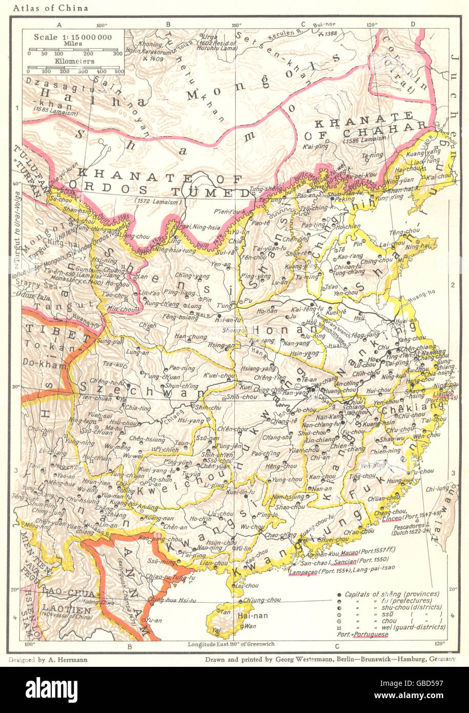 CHINA: Der Ming-Dynastie, 1368-1644 AD-Grenzen der 1580 AD, 1935-Vintage-Karte Stockfoto