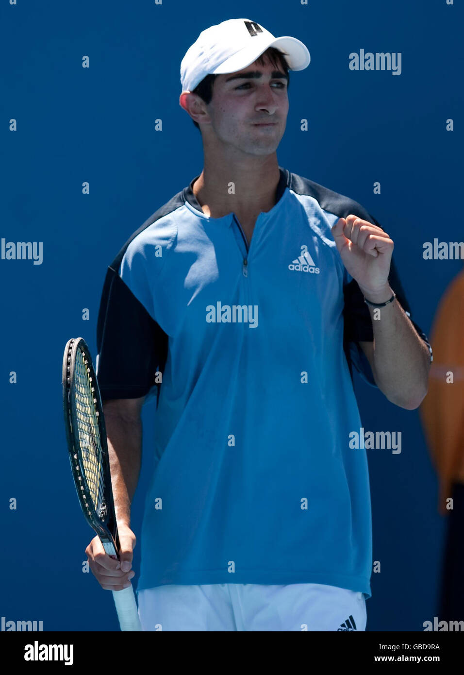 Der britische James Chaudry feiert während seines Spiels gegen Cheng-Peng Hsieh aus Taipeh während der Australian Open 2009 im Melbourne Park, Melbourne, Australien, den Sieg. Stockfoto