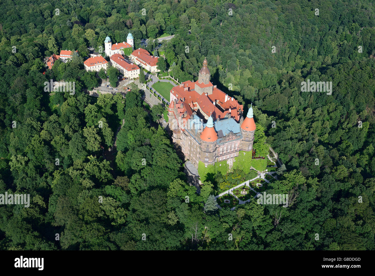 LUFTAUFNAHME. Burg Ksiaz. Walbrzych, Woiwodschaft Niederschlesien, Polen. Stockfoto