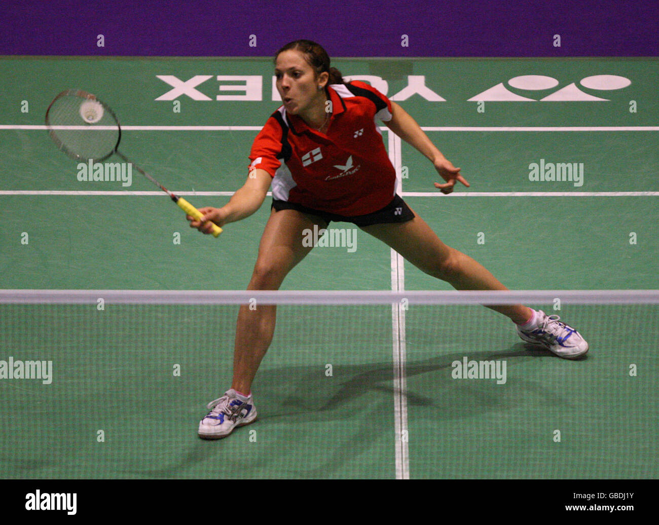 Badminton - Badminton-Europameisterschaft - Echo Arena. Die Engländerin Elizabeth Cann während ihres Matches mit Kristina Ludikova Stockfoto
