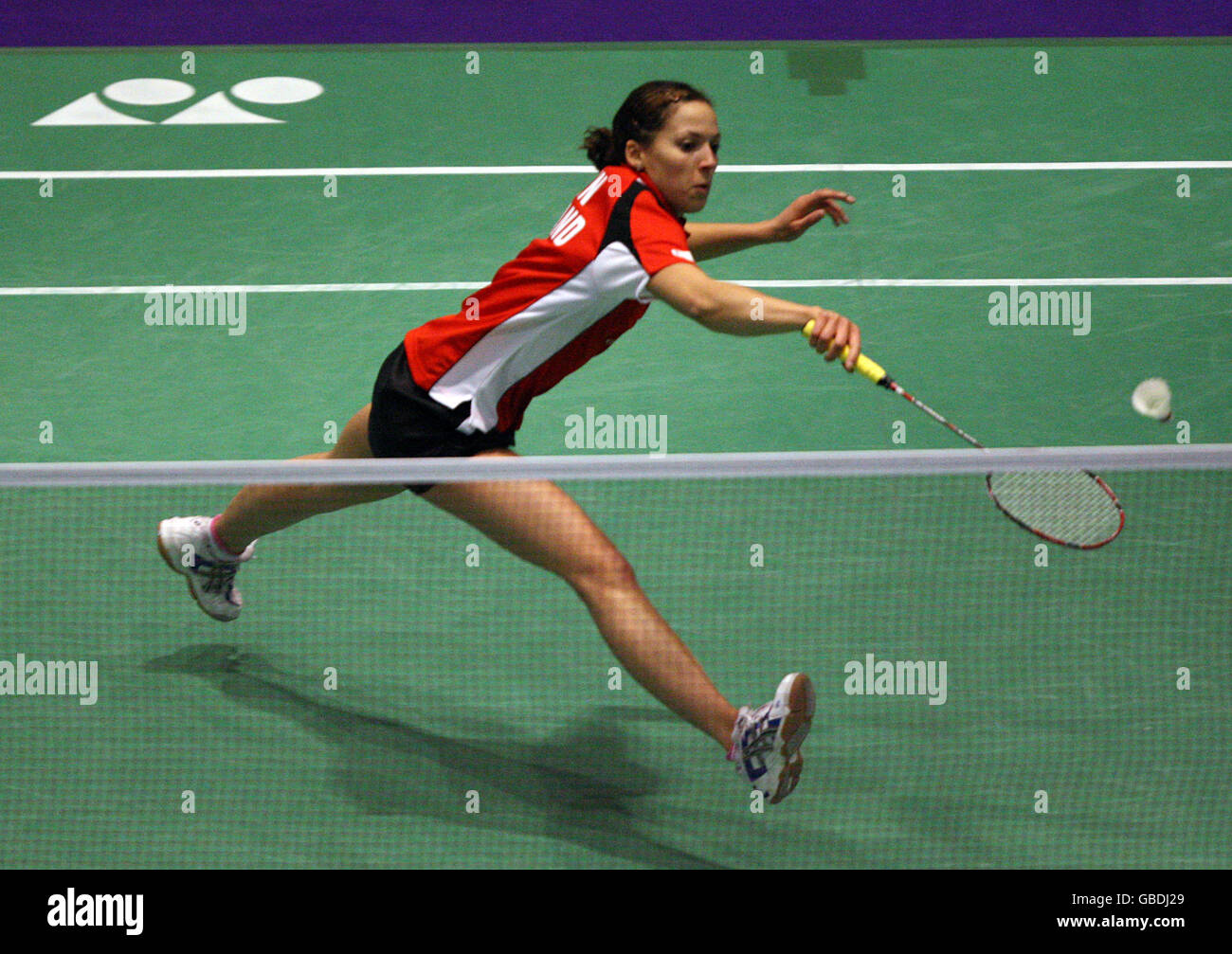 Badminton - Badminton-Europameisterschaft - Echo Arena. Die Engländerin Elizabeth Cann während ihres Matches mit Kristina Ludikova Stockfoto