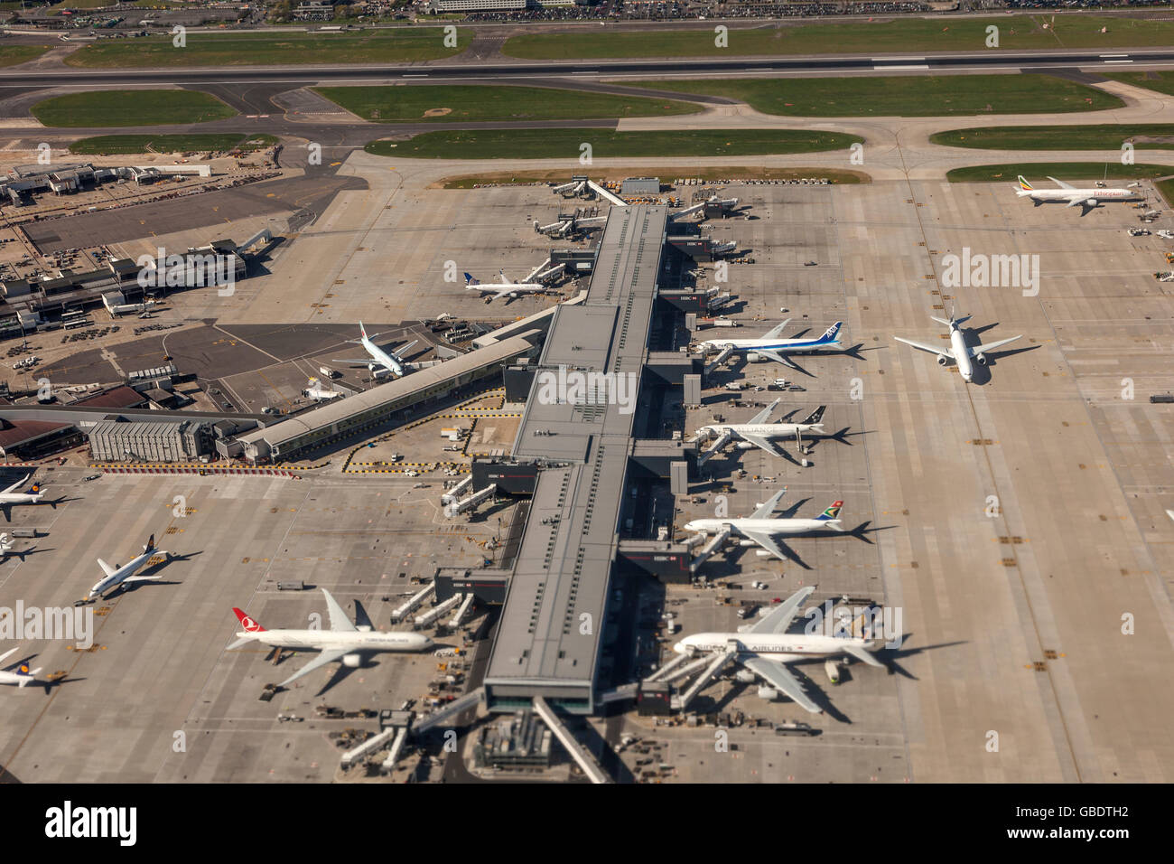 Luftbild des Flughafens London Heathrow Stockfoto