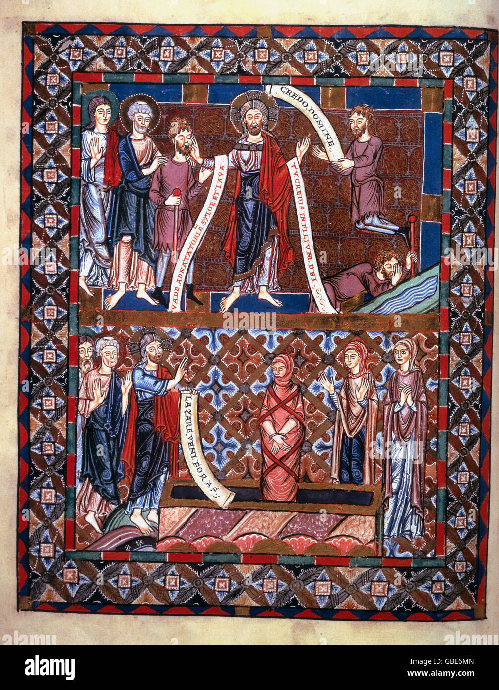 Bildende Kunst, sakrale Kunst, Buch der Evangelien von Heinrich dem Löwen von Mönch Heriman, Miniatur, Heilung des blinden, die Anhebung des Lazarus von Bethanien, Kloster Helmarshausen, ca. 1170, Stockfoto