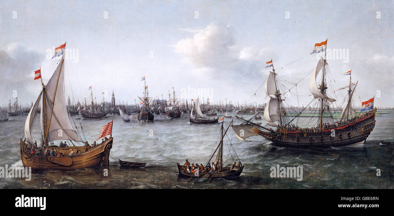 Bildende Kunst, Vroom Henric Cornelisz (1566-1640), "The Harbour in Amsterdam" Gemälde, Öl auf Leinwand, 97 x 201 cm, staatliche Galerie Schloss Schleißheim, Stockfoto