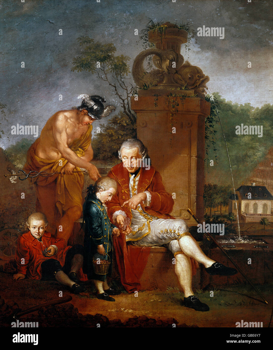 Bildende Kunst, Zick, Januarius (1730-1797), Malerei, "Gottfried Peter de Requile mit seinen beiden Söhnen" und Quecksilber, 1771, Öl auf Leinwand, 96,7 cm x 83 cm, Rheinischen Landesmuseum, Bonn, Deutschland, Stockfoto