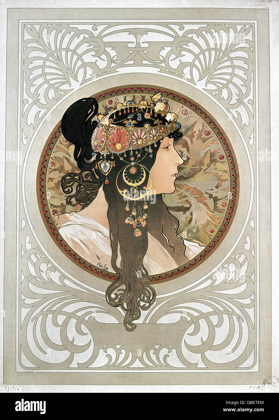 Bildende Kunst, Mucha, Alfons (1860-1939), Poster, Porträt einer Brünetten Dame, 1897 Stockfoto