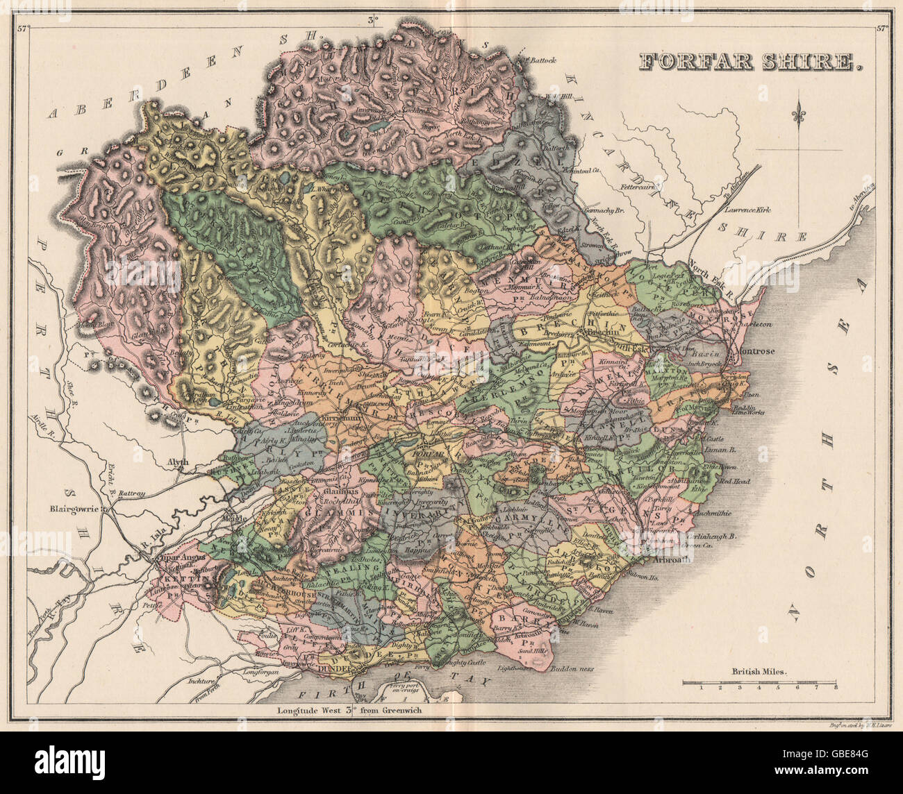 Havarie: Antike Grafschaft Landkarte. Schottland. Dundee Montrose. LIZARS, 1885 Stockfoto