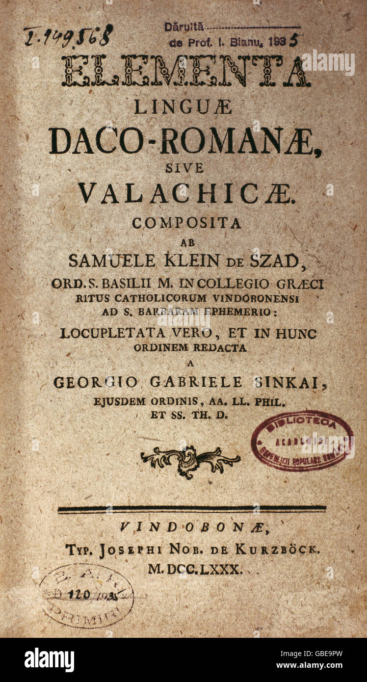 Literatur, Rumänien, erste gedruckte rumänische Grammatik, von Gheorghe Sincai und Samuel MICU, 1780, Titelseite, zusätzliche-Rechte-Clearences-nicht vorhanden Stockfoto