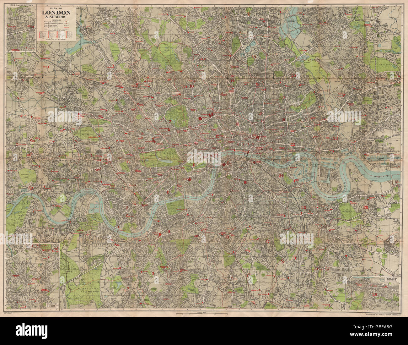 LONDON: Rohr unterirdischen Bahnhöfen Busverkehr. GROß. GEOGRAPHIA, c1929 Karte Stockfoto
