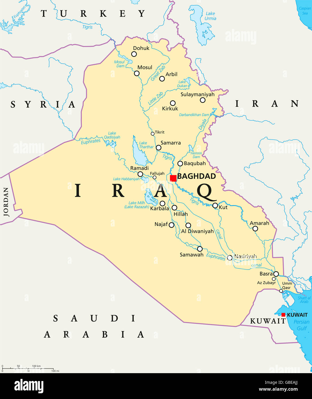 Irak politische Karte mit Hauptstadt Bagdad, Landesgrenzen, wichtige Städte, Flüsse und Seen. Auch Mesopotamien genannt. Stockfoto