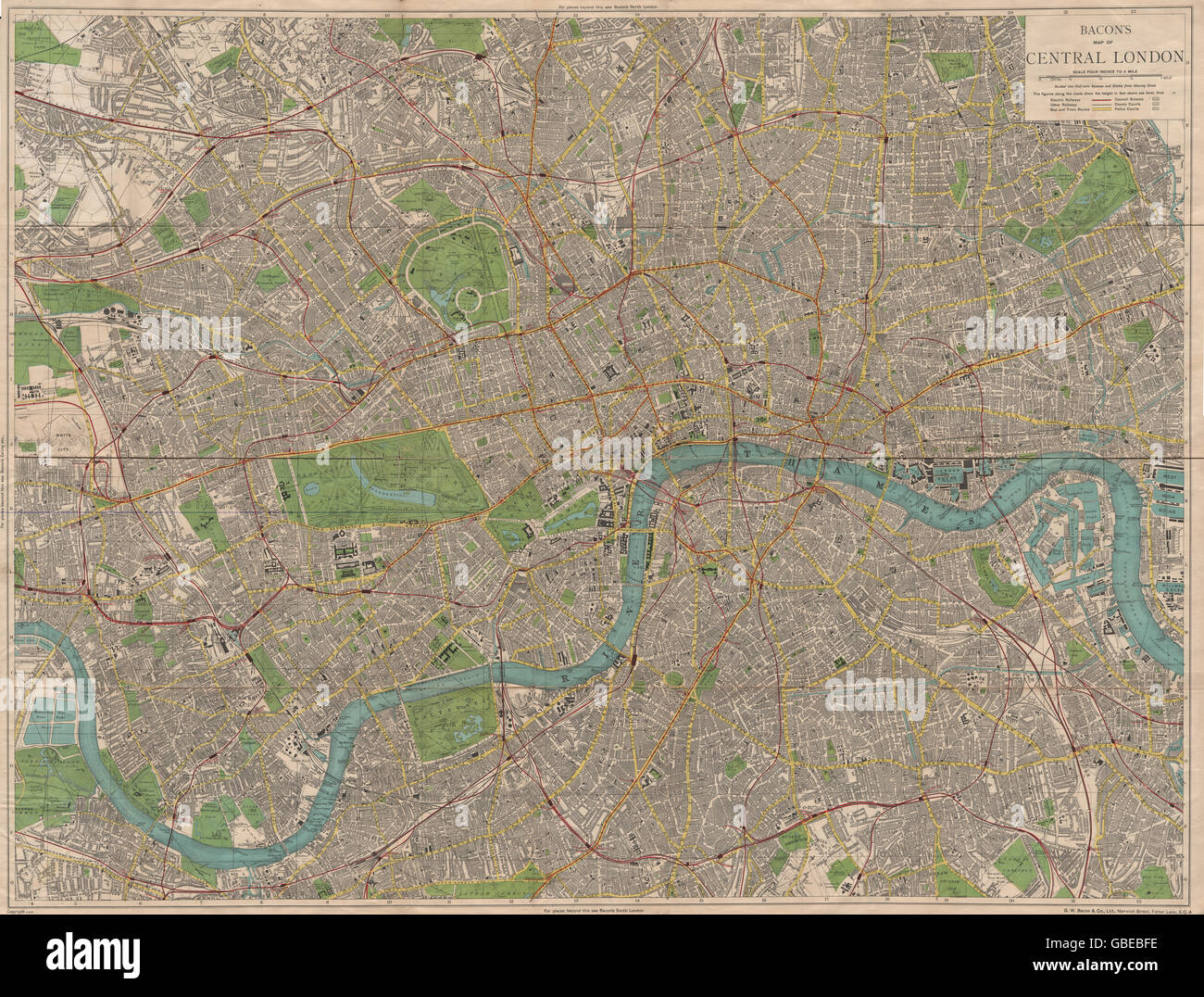 LONDON / Vororte: Eisenbahnen Rohr unterirdischen Straßenbahn Buslinien. GROß. Speck, c1920 Karte Stockfoto
