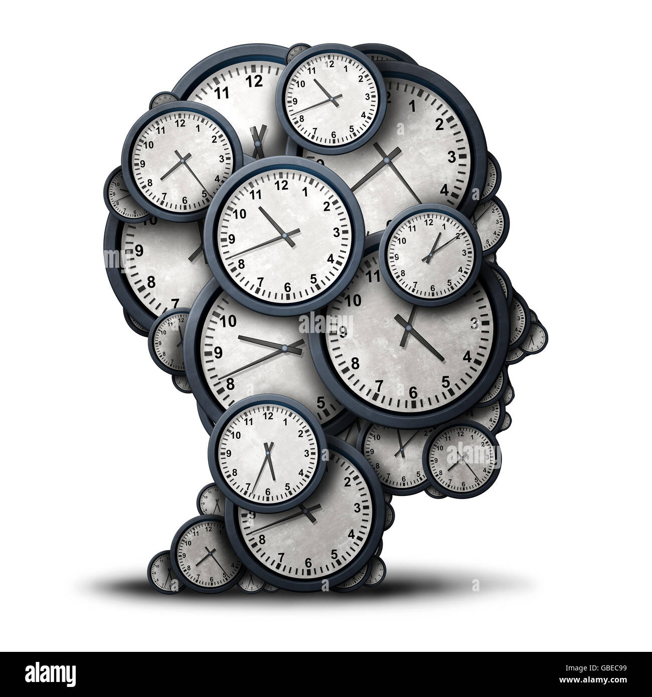 Denken Mal Konzept als eine Gruppe von Objekten der Uhr in Form eines menschlichen Kopfes als Geschäft Pünktlichkeit und Termin Stress Metapher oder Frist Druck und Überstunden-Symbol als eine 3D Darstellung. Stockfoto