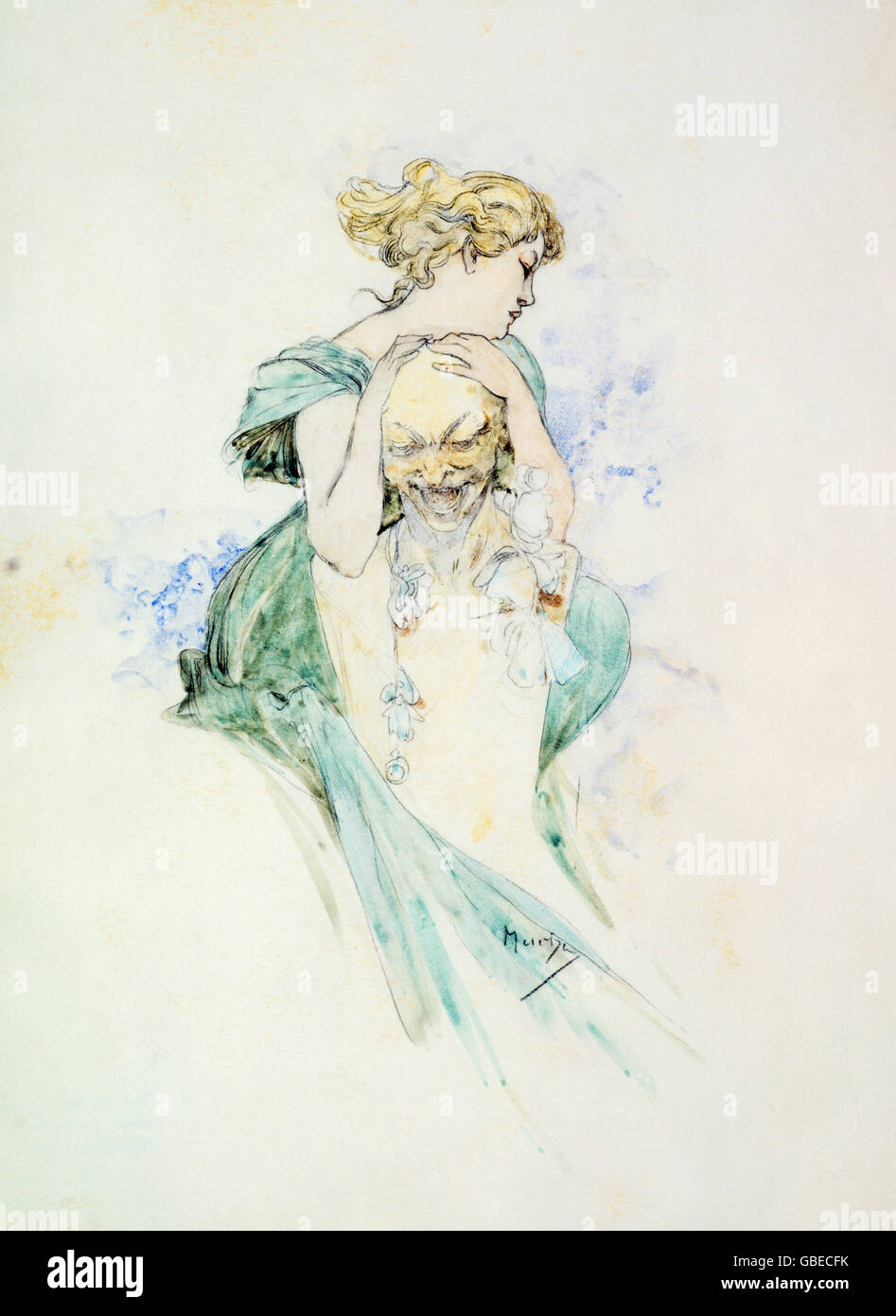 Frau und Büste von Alfons Mucha, 19. / 20. Jahrhundert Stockfoto