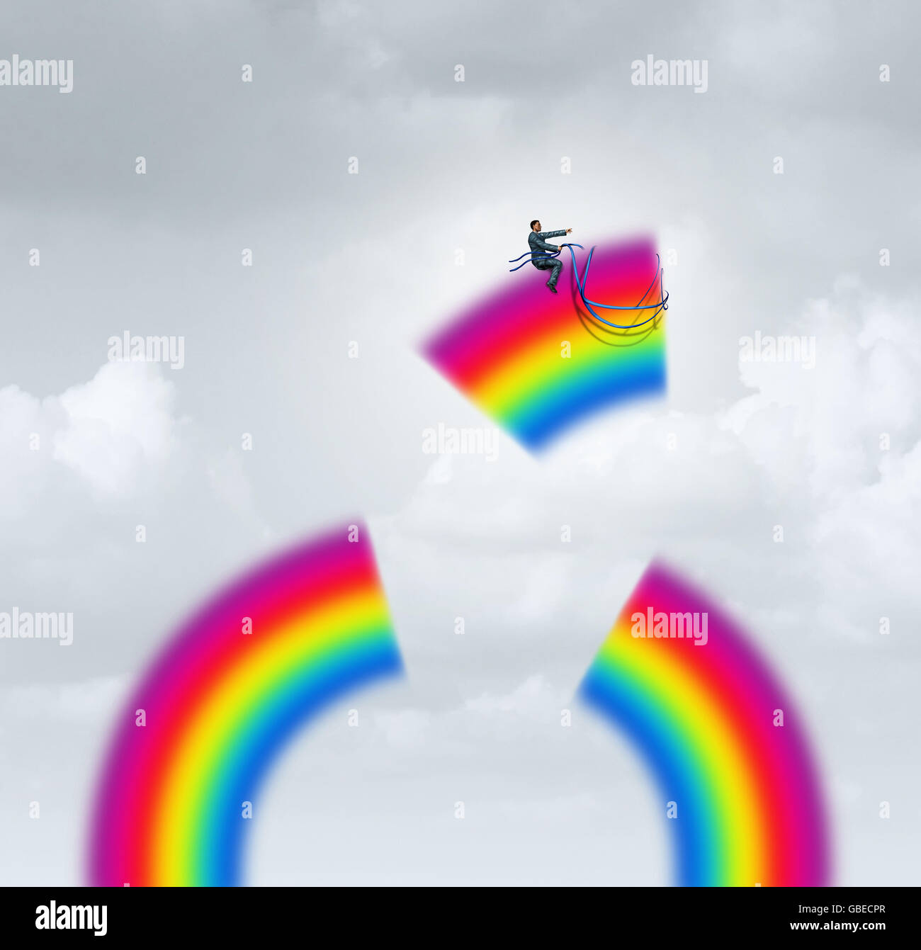 Erstellen Sie Ihr eigenes Glück Motivation Konzept als Geschäftsmann die Kontrolle über ein Stück Regenbogen mit einem Gurtzeug fliegen in Richtung einer Karriere oder Leben Ziel in einer 3D Darstellung Stil. Stockfoto