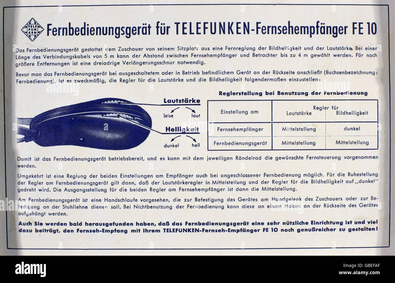 Sendung, Fernsehen, Verpackung der Telefunken Fernbedienung,  Bedienungsanleitung, 1956, Zusatzrechte-Abfertigung-nicht vorhanden  Stockfotografie - Alamy
