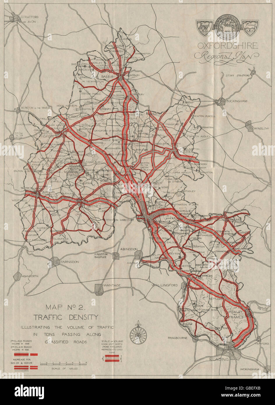 OXFORDSHIRE: Verkehrsdichte. Volumen des Datenverkehrs. ABERCROMBIE, 1931 Vintage Karte Stockfoto
