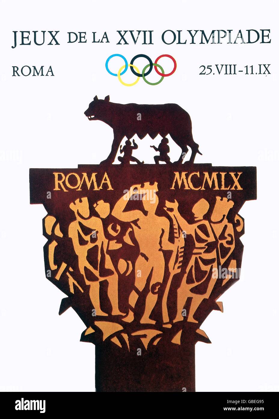 Sport, Olympische Spiele, Rom 25.8. - 11.9.1960, Plakat in französischer Sprache, 1960, 17. Olympische Spiele, Olympische Sommerspiele, Olympische Sommerspiele, Sommerspiele, Italien, Roman, Kapitolinische Wolf, Olympiaring, Werbung, Clipping, Cut-out, Cut-out, Cut-outs, Symbol, Symbole, Rom, Hauptstadt, Olympia, Olympische Spiele, Olympiade, Meisterschaft, Meisterschaften, Wettbewerb, Wettbewerbe, Turnier, Turnier, Turniere, Turniere, 60er, 60er, 20. Jahrhundert, Spiel, Spiele, Poster, Rechnung, Plakat, Rechnungen, Plakate, Plakate, Sprache, Sprachen, historisch, historisch, Zusatzrechte-Clearences-nicht verfügbar Stockfoto