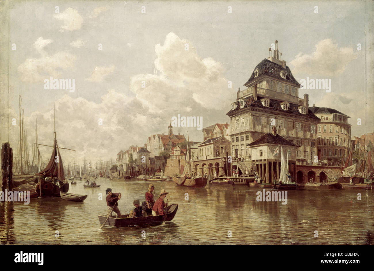 Bildende Kunst, Ruths, Johann Georg Valentin, (1825-1905), Malerei, "The Boat House am Hamburger Hafen", 1850, Öl auf Leinwand, Kunsthalle Hamburg, Deutschland, Stockfoto