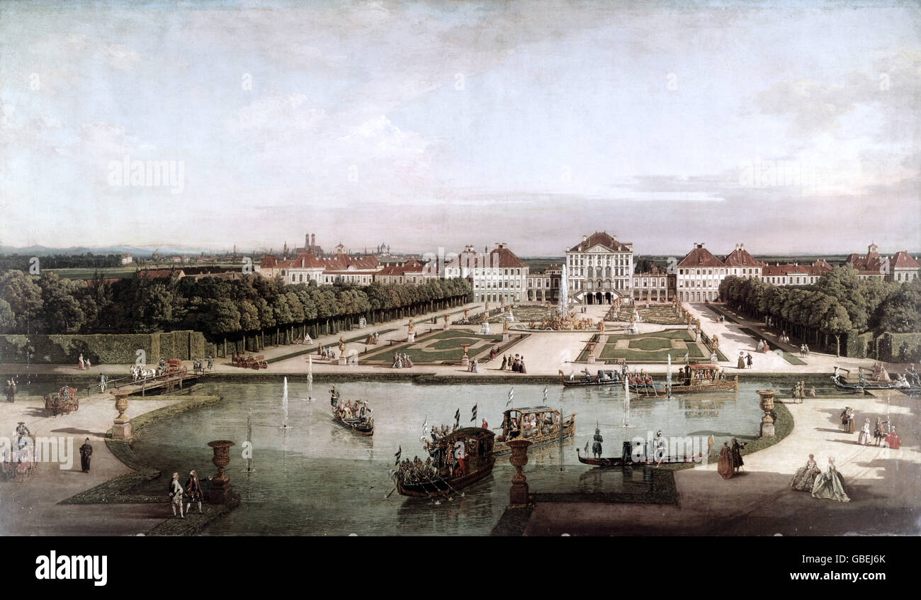 Bildende Kunst, Bellotto, Bernardo, genannt Canaletto (1721-1780), Malerei, "Schloss Nymphenburg von der Parkseite", Öl auf Leinwand, 1761, Münchner Residenz, Stockfoto
