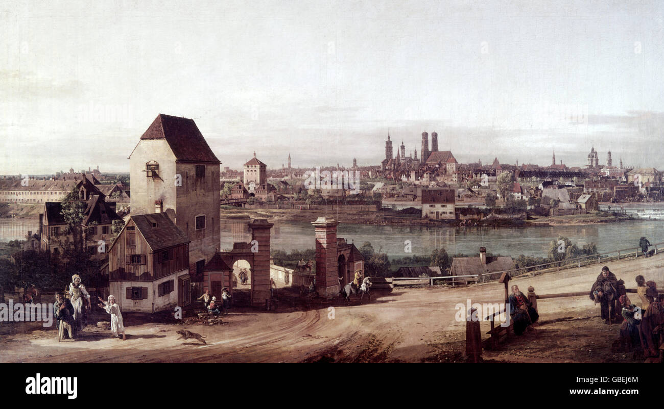 Bildende Kunst, Bellotto, Bernardo, genannt Canaletto (1721-1780), "Munich, gesehen von Haidhausen", Malerei, Öl auf Leinwand, 132 x 235 cm, 1761, Münchner Residenz, Stockfoto