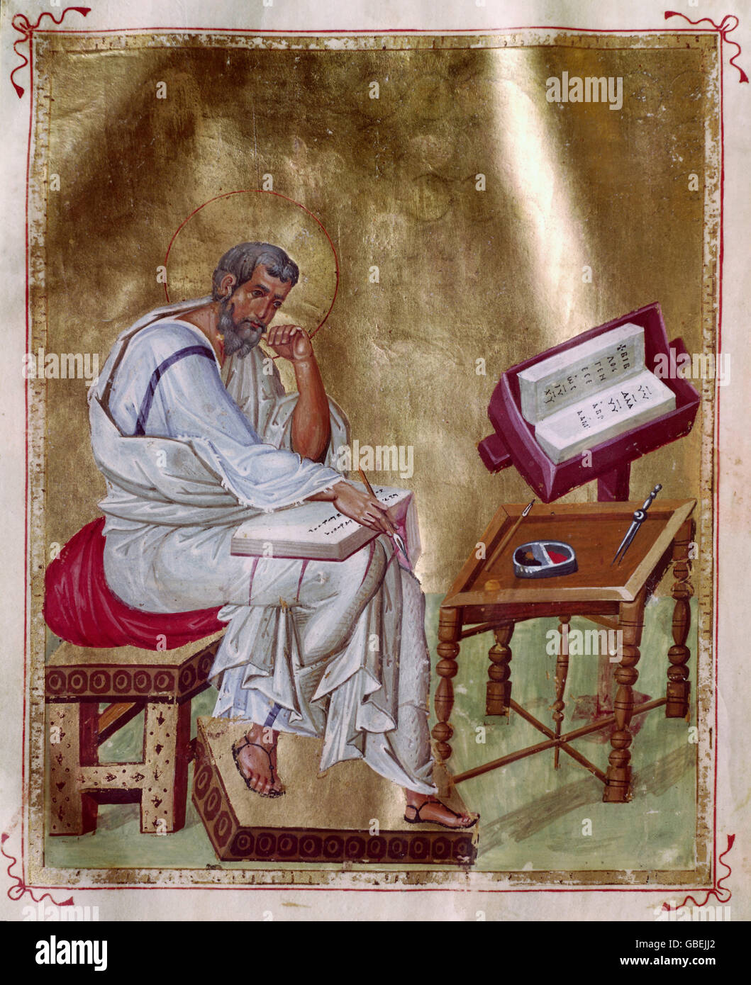 Bildende Kunst, sakrale Kunst, Person, Matthew, Evangelist, griechische Beleuchtung, Buch der Evangelien, 10. Jahrhundert, Nationalbibliothek Athen, Stockfoto