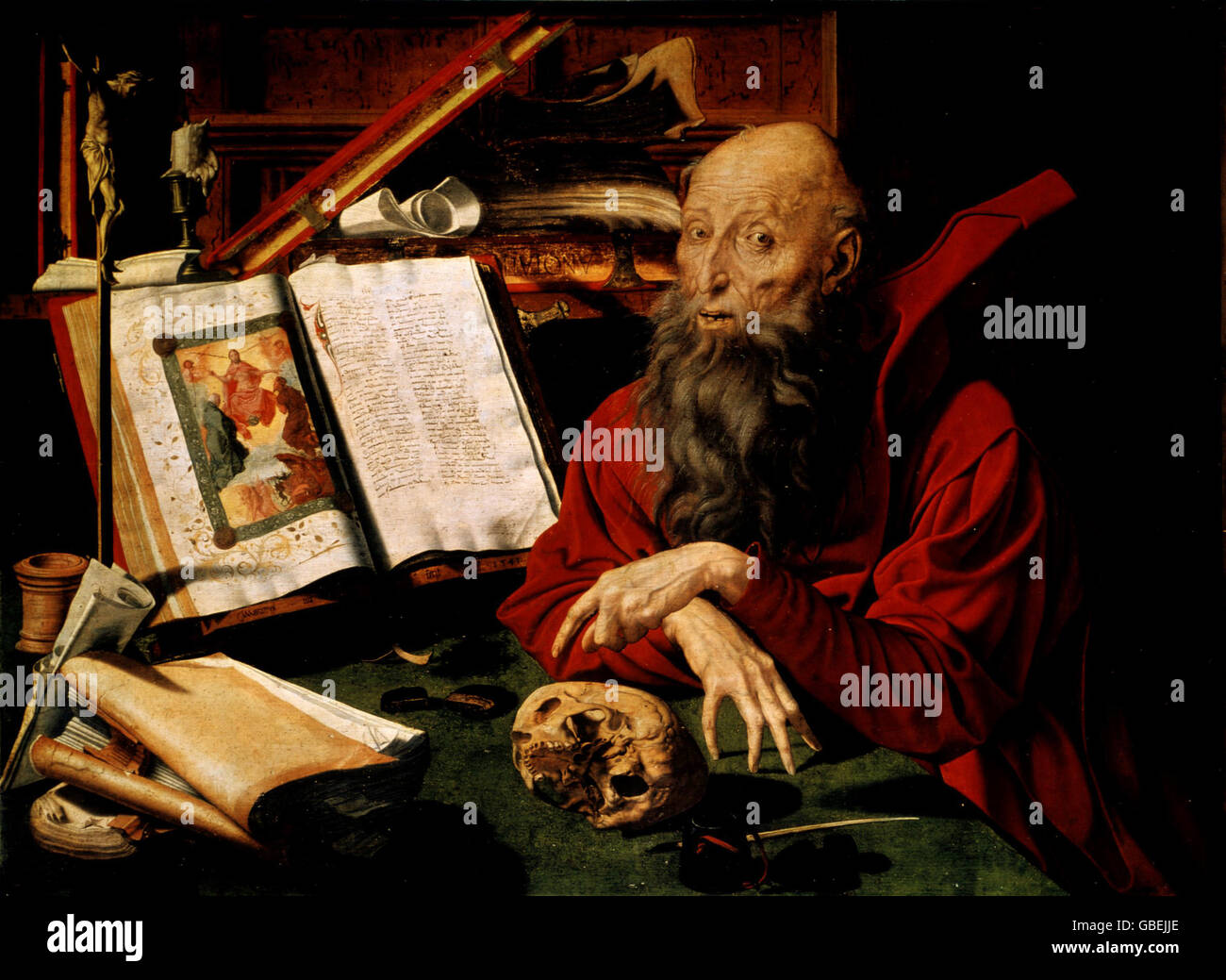 Bildende Kunst, sakrale Kunst, Heilige, Jerome (Eusebius Sophonius), ca. 340 AD - 30.9.420 AD, "Heiligen Hieronymus in seiner Studie", Gemälde von Marinus Claesz van Roemerswaele, 1521, Stockfoto