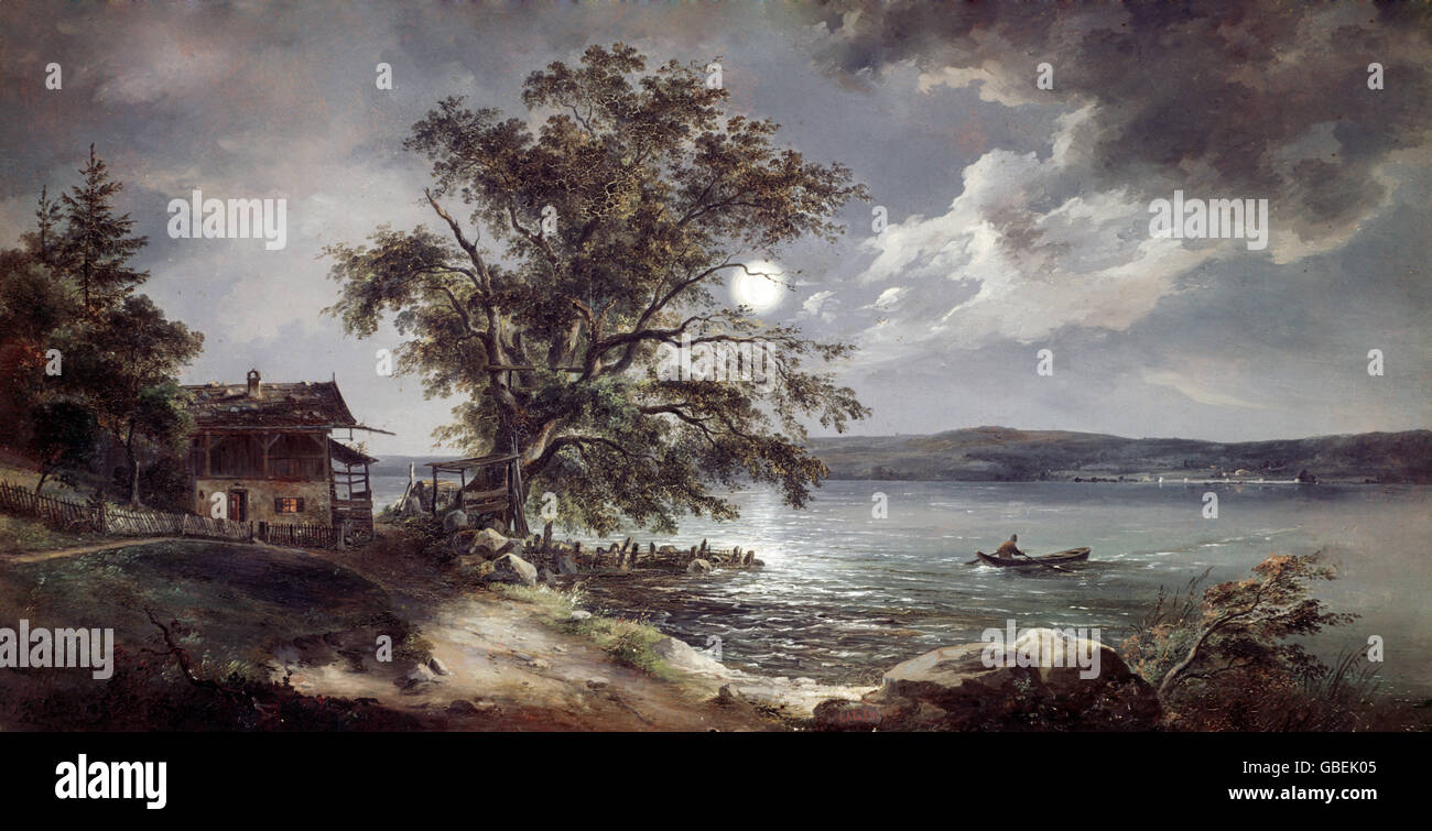 Bildende Kunst, Rottmann, Carl (1797 – 1850), Malerei, "Abend am Starnberger See" ("Abend am Starnberger See"), Öl auf Leinwand, 1. Hälfte 19. Jahrhundert, Privatsammlung, Stockfoto