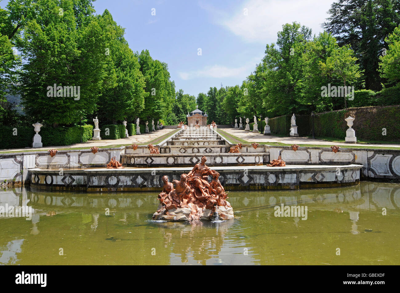 Palast, Palacio Real La Granja de San Ildefonso, Gartenpalais, einstige Sommerresidenz der königlichen Residenz, San Ildefonso, Provinz von Segovia, Kastilien-León, Spanien Stockfoto