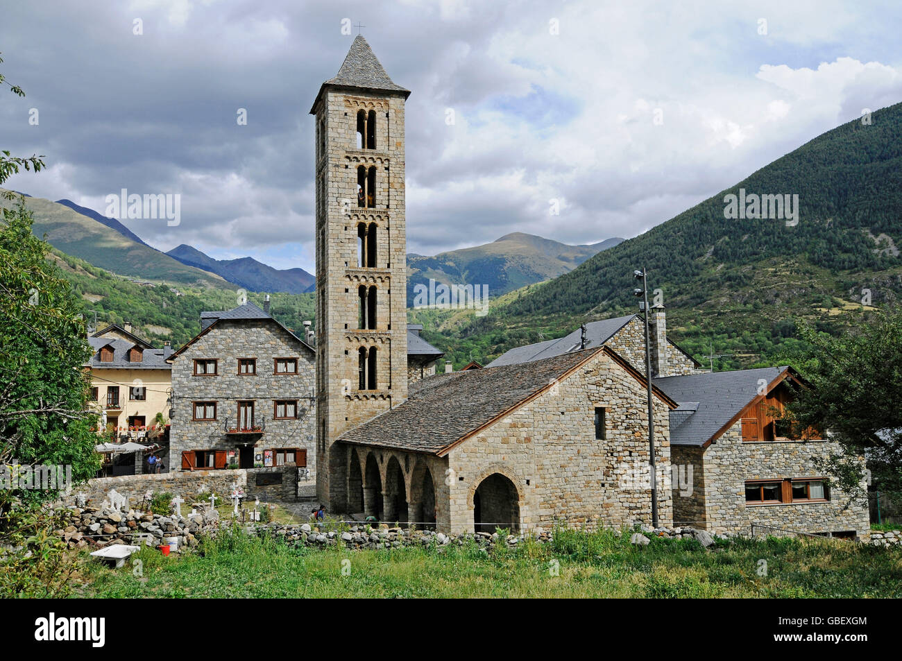 Santa Eulalia, romanische Kirche, Erill la Vall, La Vall de Boi Tal, Pyrenäen, Provinz LLeida, Katalonien, Spanien Stockfoto