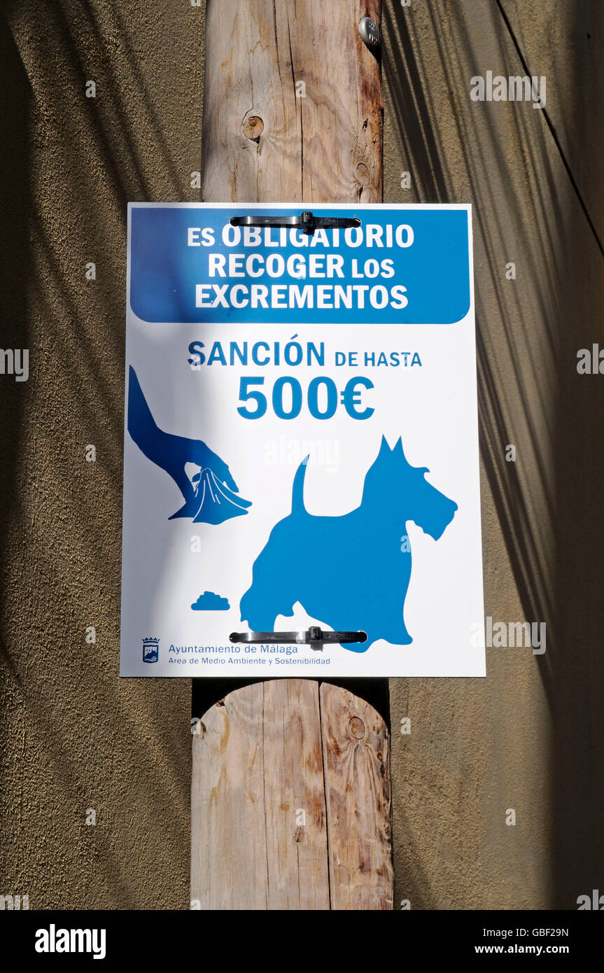 kein Hund Schmutz, Zeichen, Altstadt, Malaga, Provinz Malaga, Costa Del Sol, Andalusien, Spanien, Europa Stockfoto