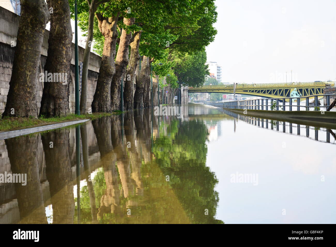 Überflutung von Paris im Jahr 2016 mit der Straße unter Wasser, Kähne auf die Seine und den Eiffelturm im Hintergrund Stockfoto