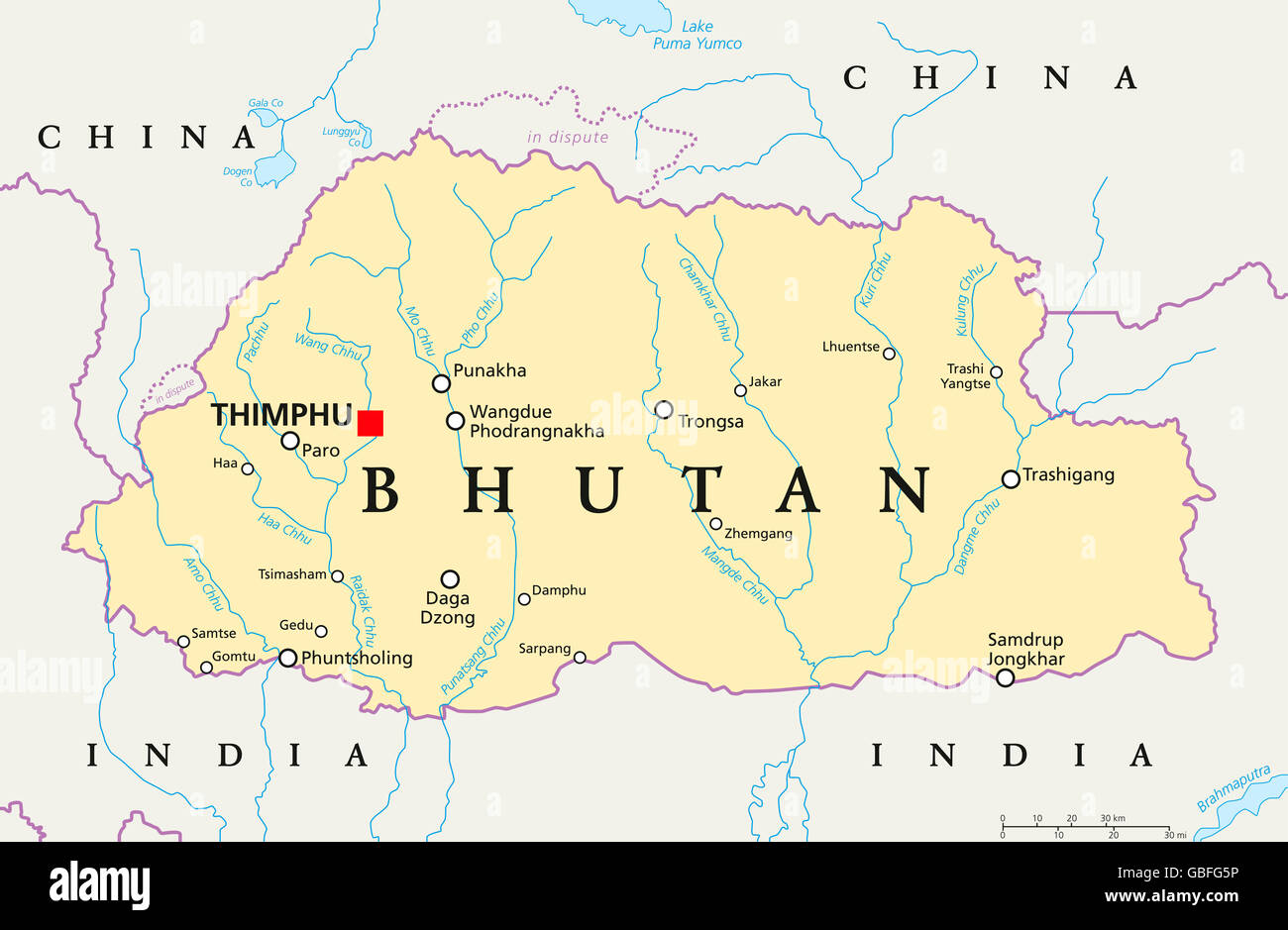 Bhutan politische Karte mit Hauptstadt Thimphu, Landesgrenzen, wichtige Städte, Flüsse und Seen. Binnenstaat Königreich. Stockfoto