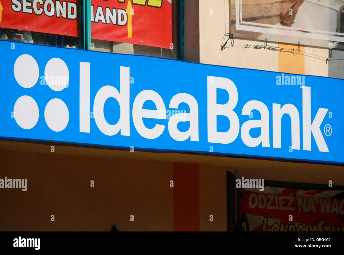 Das Logo der Marke "Idee-Bank", Swinemuende, Polen. Stockfoto