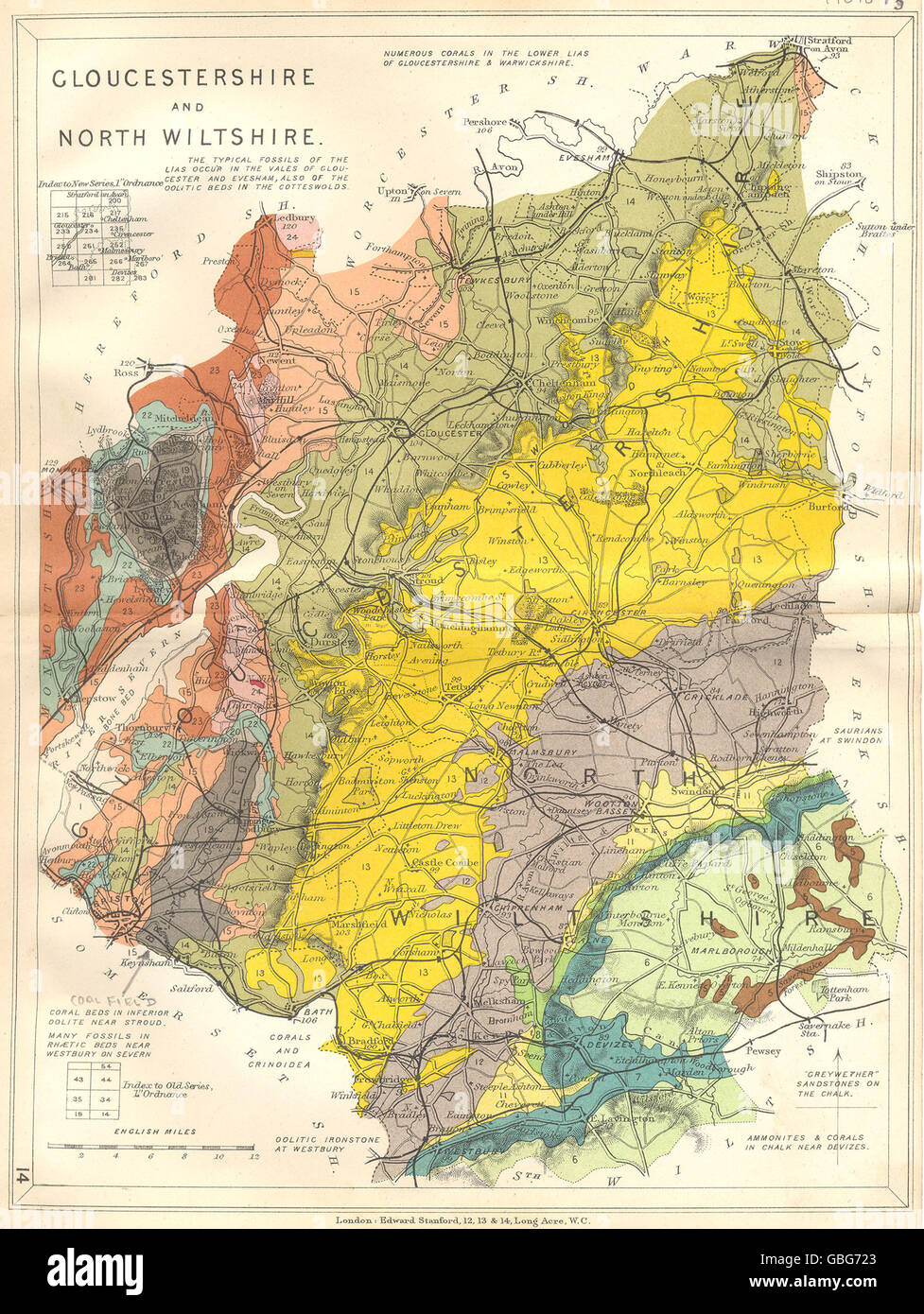 GLOUCESTERSHIRE und NORTH WILTSHIRE: Geologische Karte. STANFORD, 1880 Stockfoto