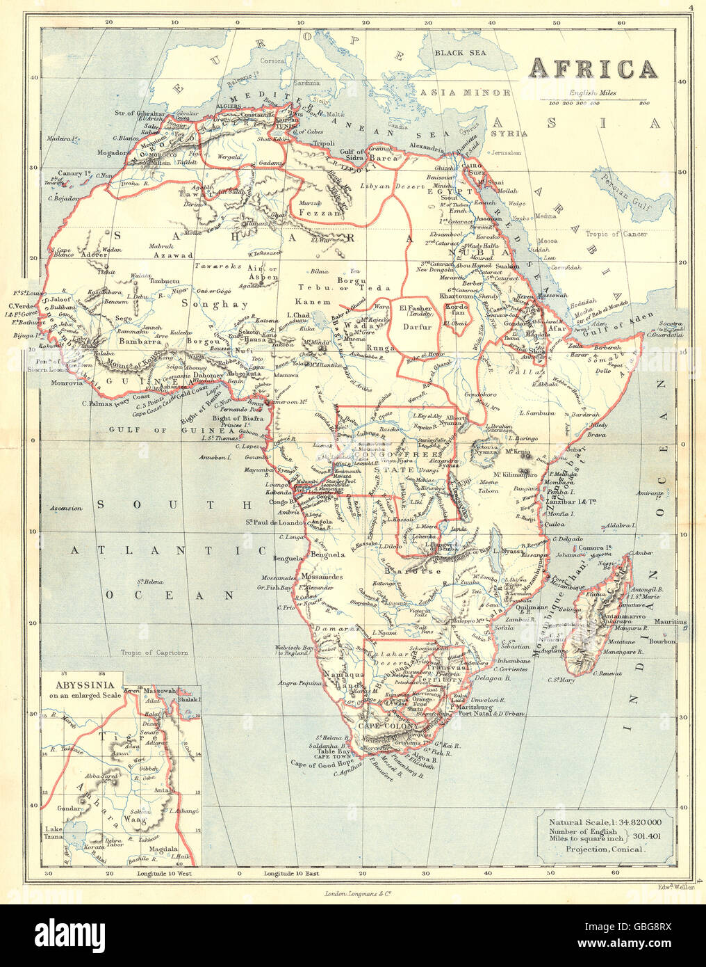 Afrika: Kongo freie Zustand Darfur-Kordofan Barca Mountains Kong.BUTLER 1888 Karte Stockfoto