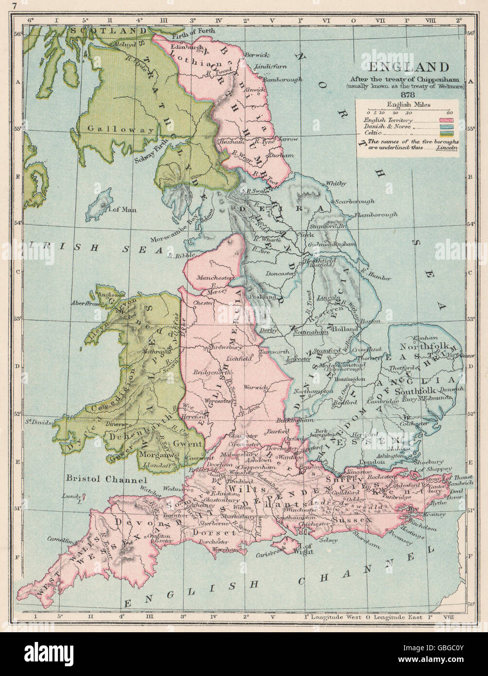 ENGLAND im Jahre 878: Im Vertrag von Chippenham/Wedmore. Norse englische Celtic, 1907 Karte Stockfoto