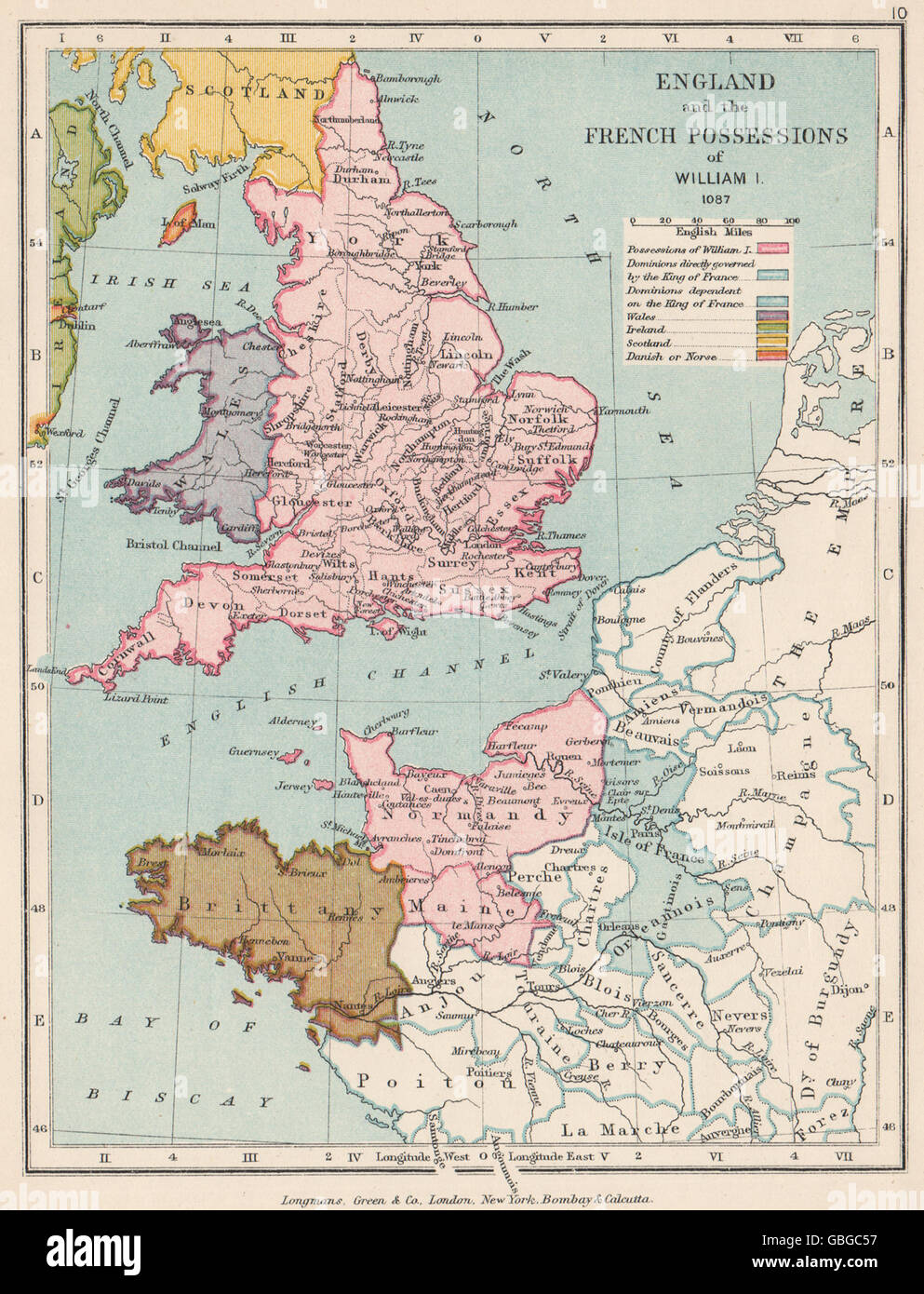 NORMANNEN: Wilhelm der Eroberer Ländereien in Frankreich & England 1087, 1907 alte Karte Stockfoto
